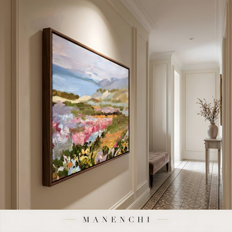 Vibrant Meadow Drift abstract painting displayed in hallway wall art