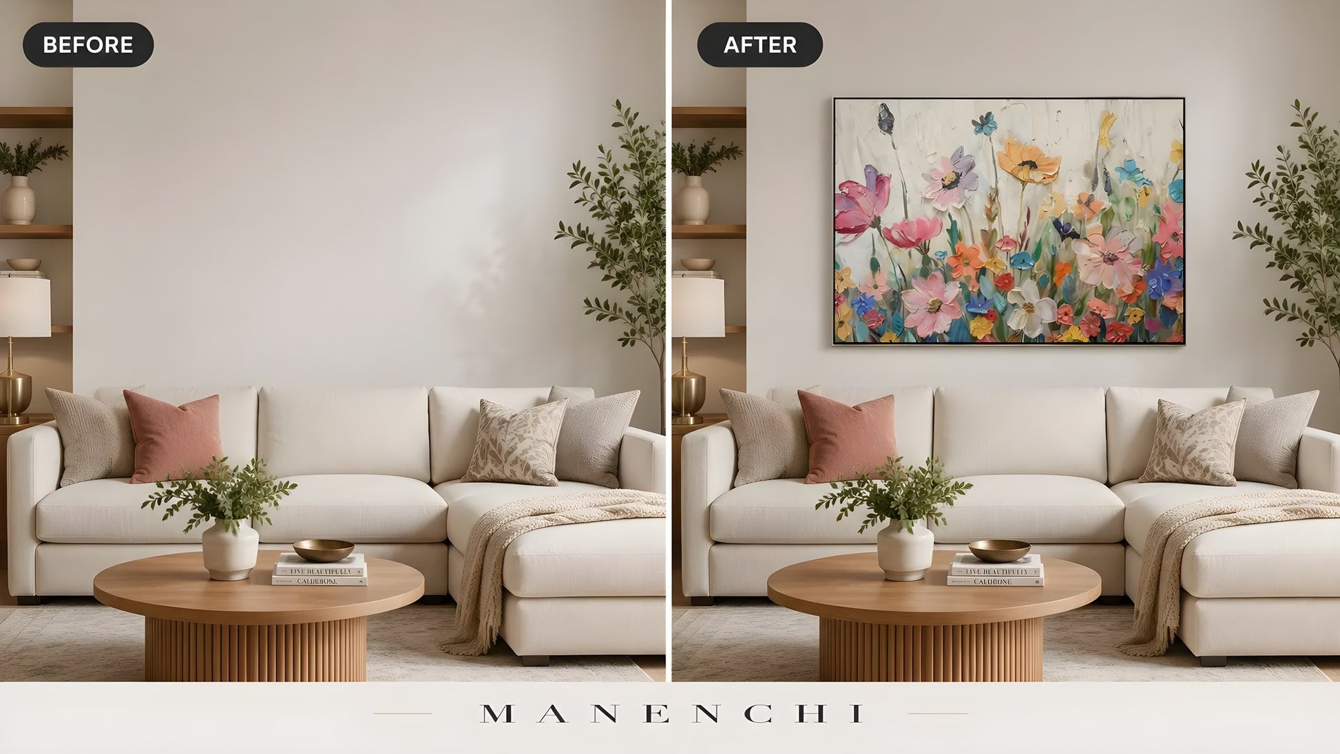Vibrant Meadow Flora original hand-painted abstract painting, before and after in a styled room