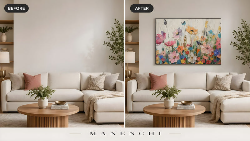 Vibrant Meadow Flora original hand-painted abstract painting, before and after in a styled room