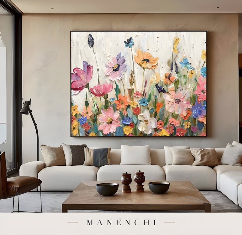 Vibrant Meadow Flora abstract painting displayed in living room display