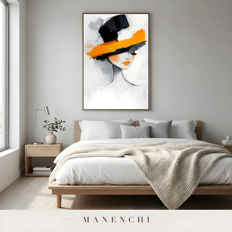 Vibrant Monochrome Muse abstract painting displayed in bedroom with wooden bed