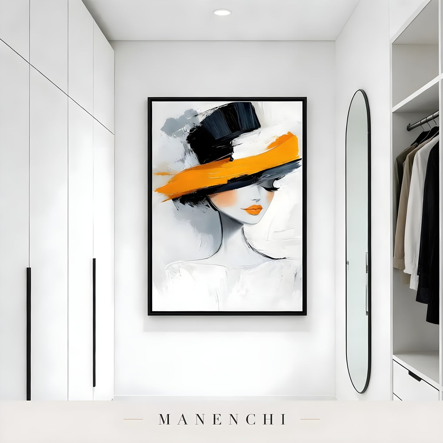 Vibrant Monochrome Muse abstract painting displayed in hallway with mirror