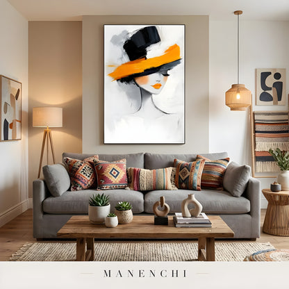 Vibrant Monochrome Muse abstract painting displayed in living room sofa
