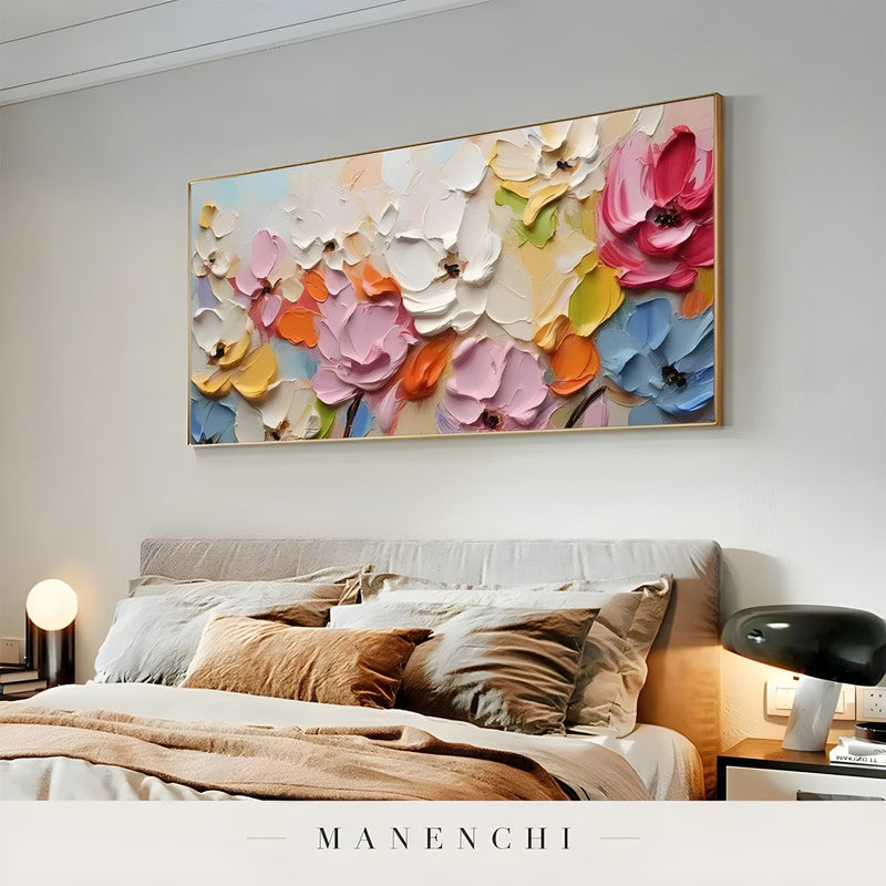 Vibrant Orchard Bloom abstract painting displayed in bedroom bedside view
