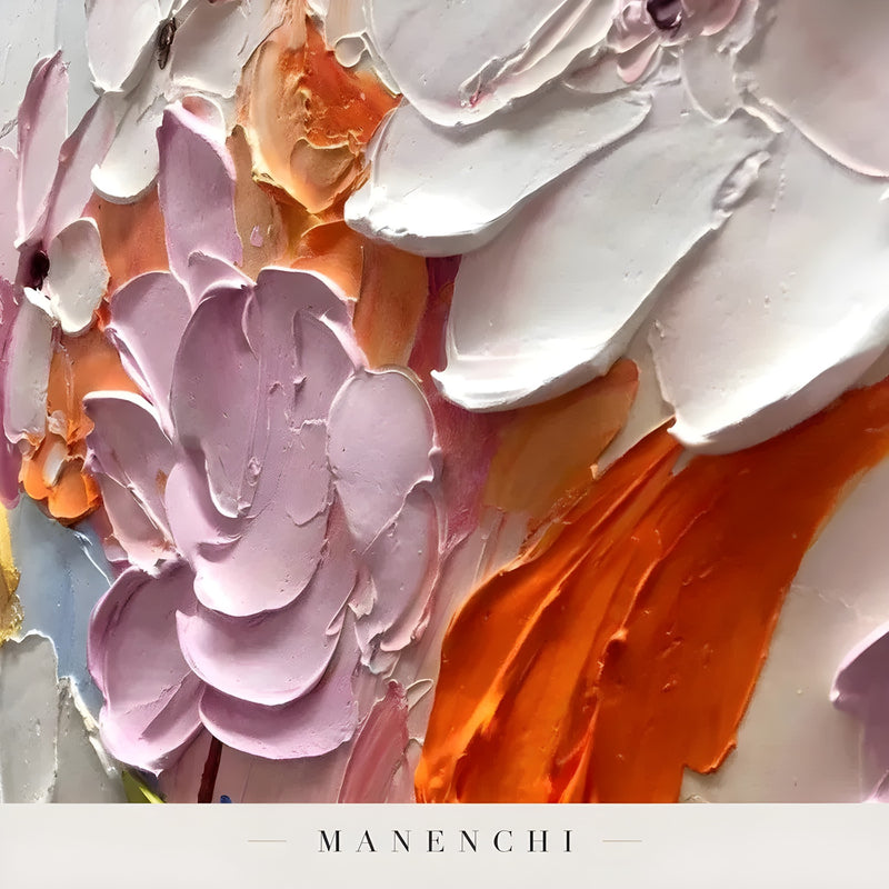 Close-up detail of the textured brushwork in Vibrant Orchard Bloom