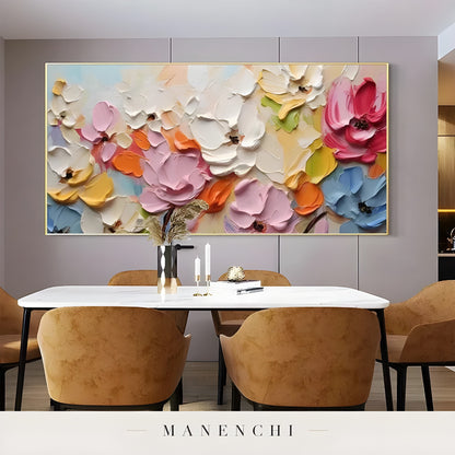 Vibrant Orchard Bloom abstract painting displayed in dining room wall art