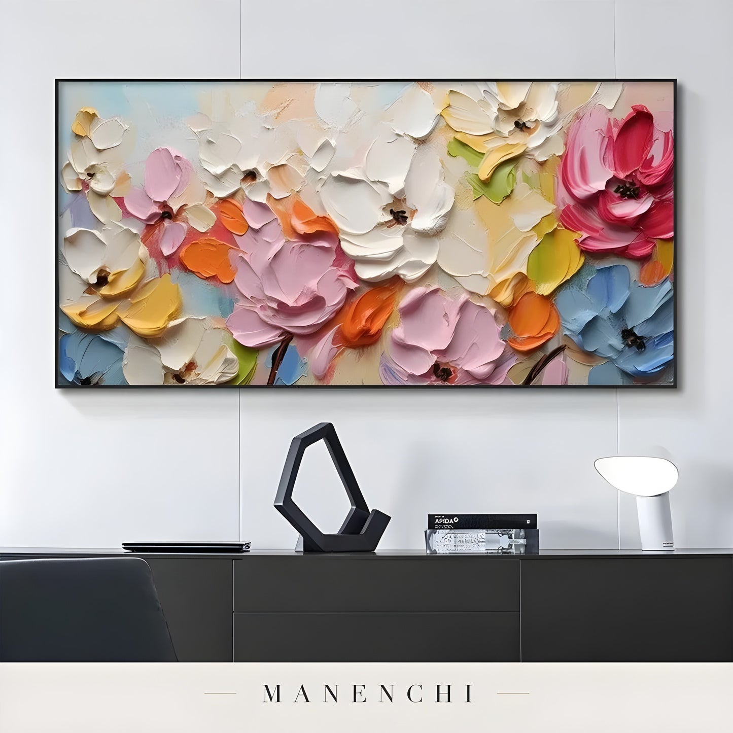 Vibrant Orchard Bloom abstract painting displayed in hallway console table decor