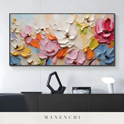 Vibrant Orchard Bloom abstract painting displayed in hallway console table decor