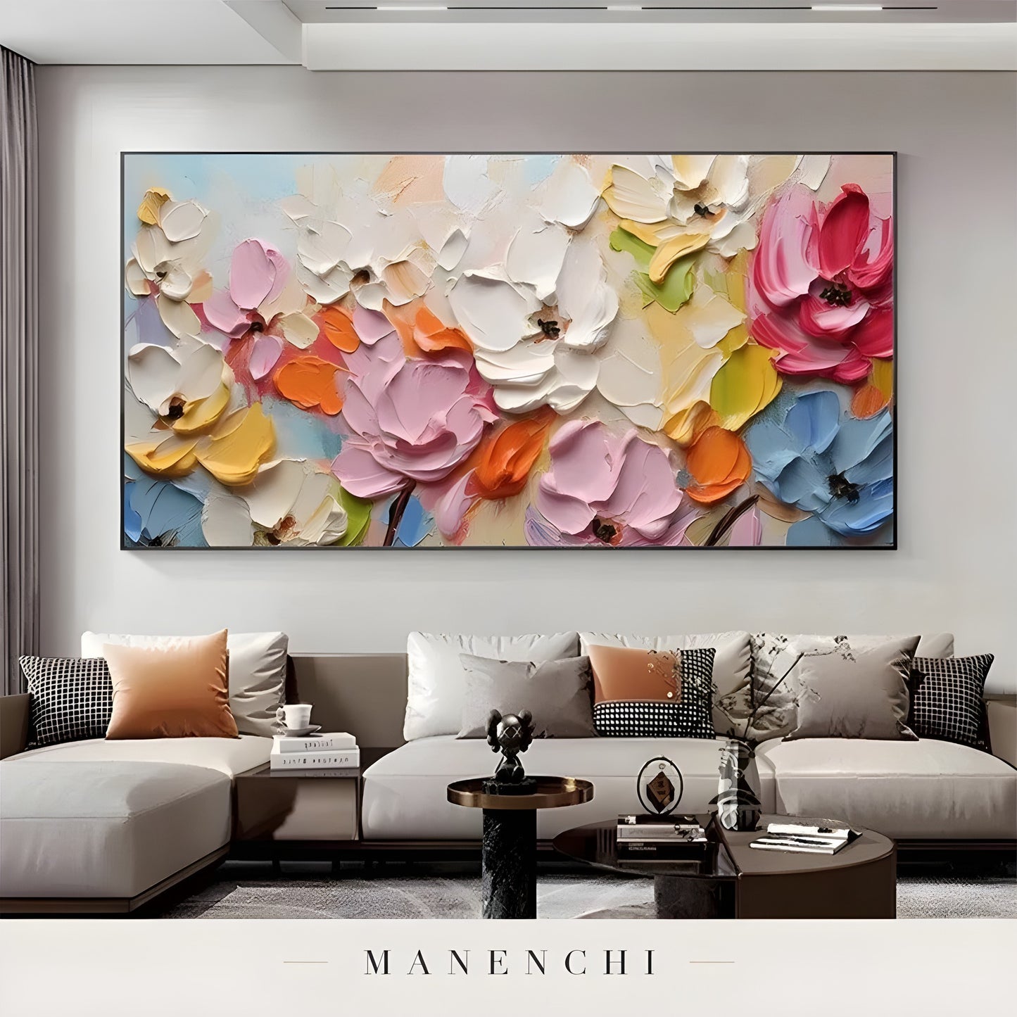 Vibrant Orchard Bloom abstract painting displayed in living room sofa display