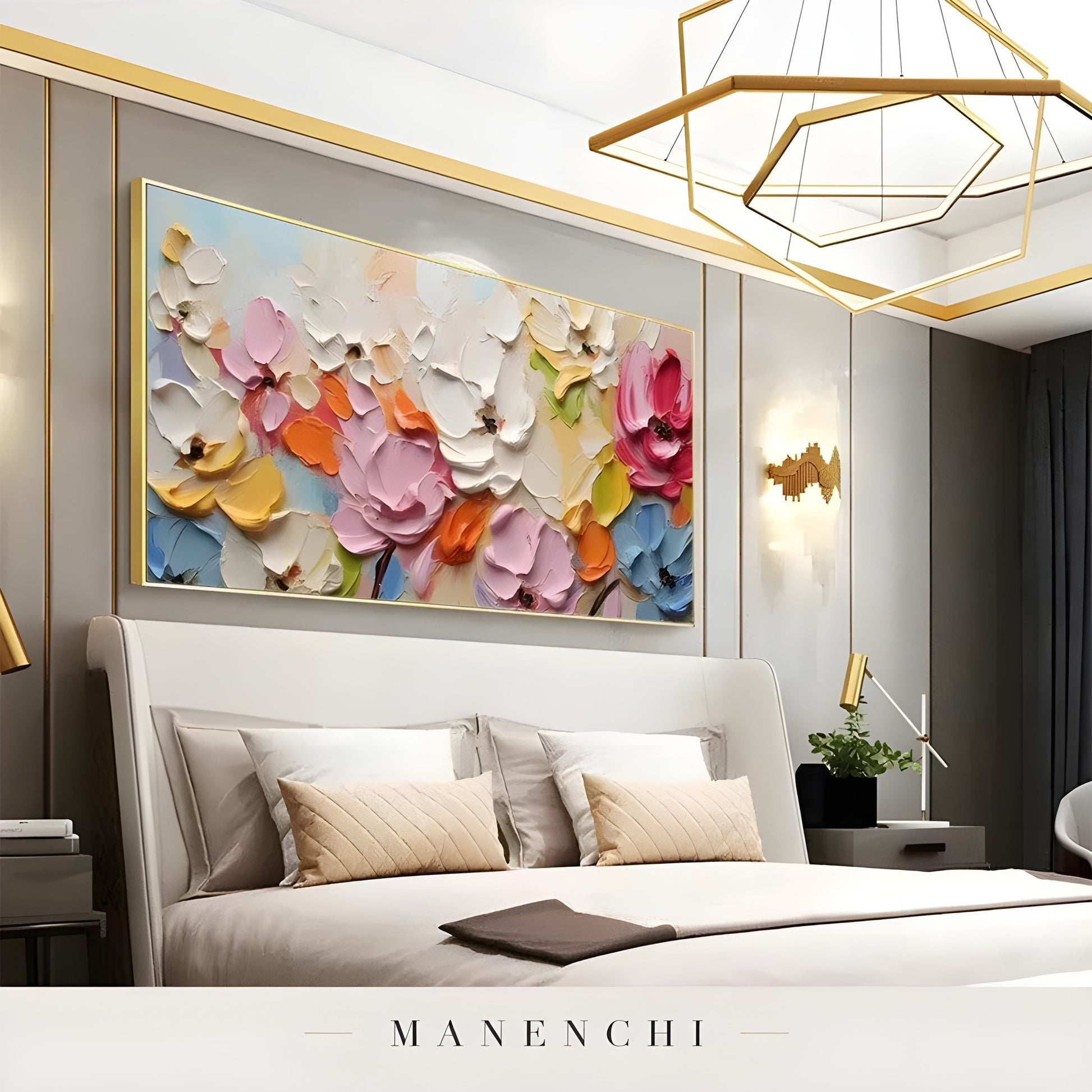 Vibrant Orchard Bloom abstract painting displayed in luxury master bedroom art