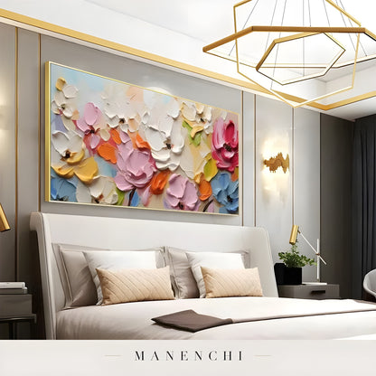Vibrant Orchard Bloom abstract painting displayed in luxury master bedroom art