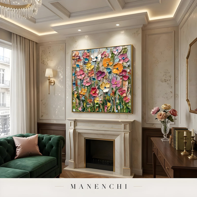 Vivid Impressionist Garden abstract painting displayed in painting above fireplace living room