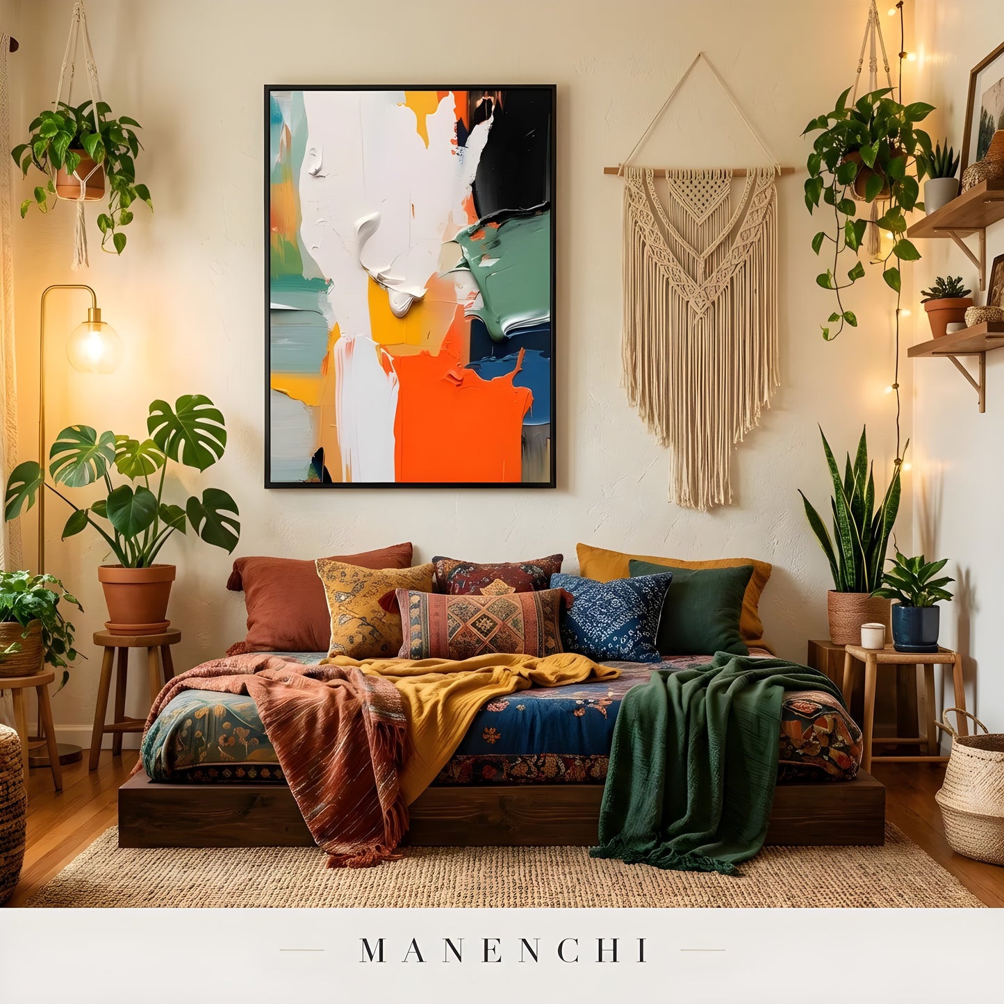 Vivid Kinetic Resonance abstract painting displayed in boho style bedroom