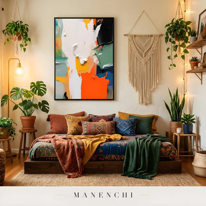 Vivid Kinetic Resonance abstract painting displayed in boho style bedroom