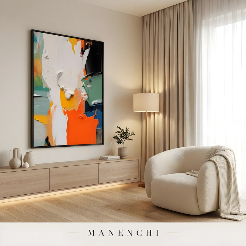 Vivid Kinetic Resonance abstract painting displayed in cozy reading nook