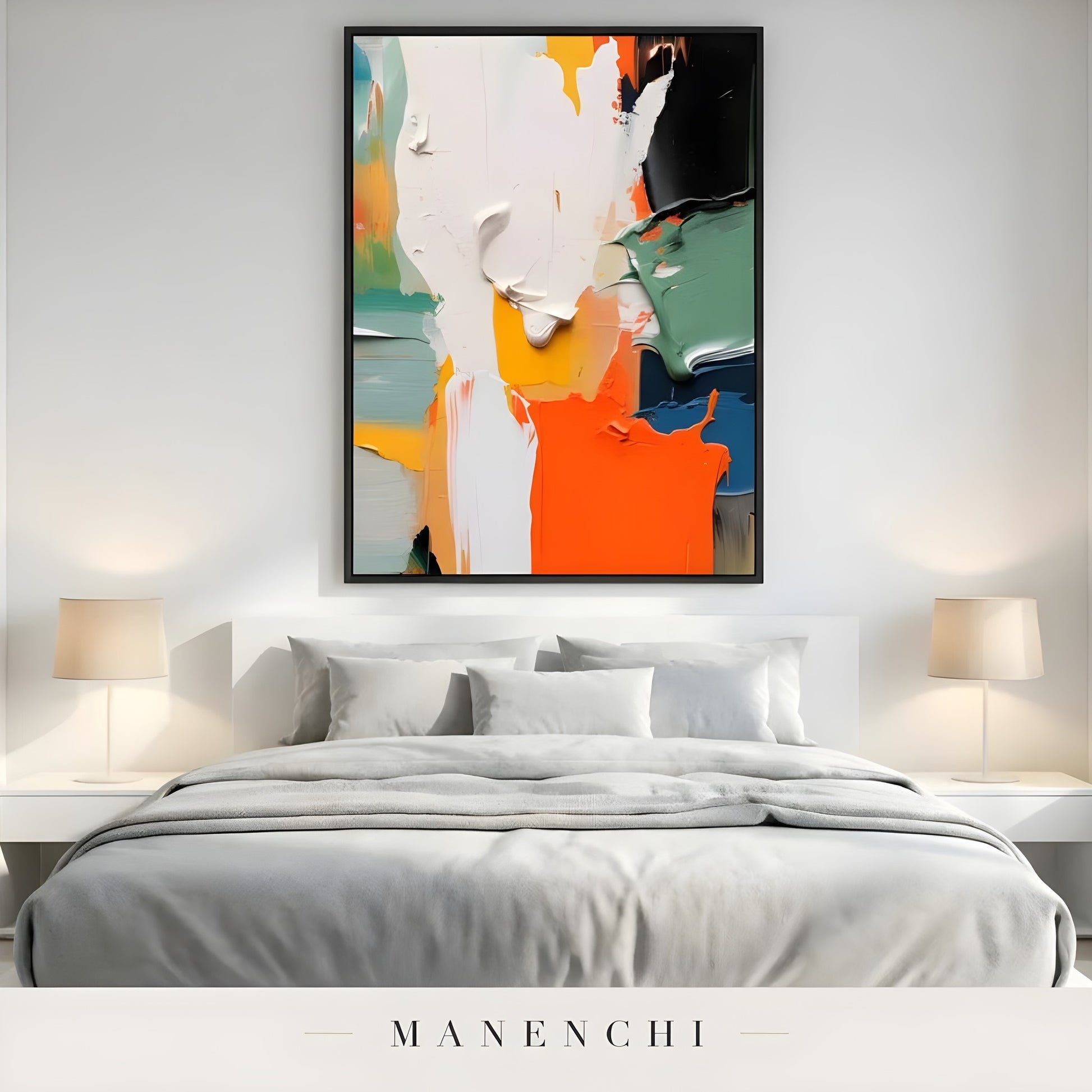 Vivid Kinetic Resonance abstract painting displayed in minimalist modern bedroom