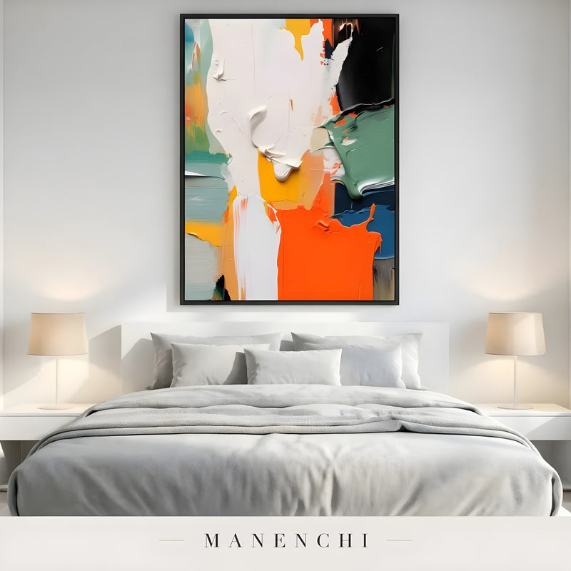Vivid Kinetic Resonance abstract painting displayed in minimalist modern bedroom