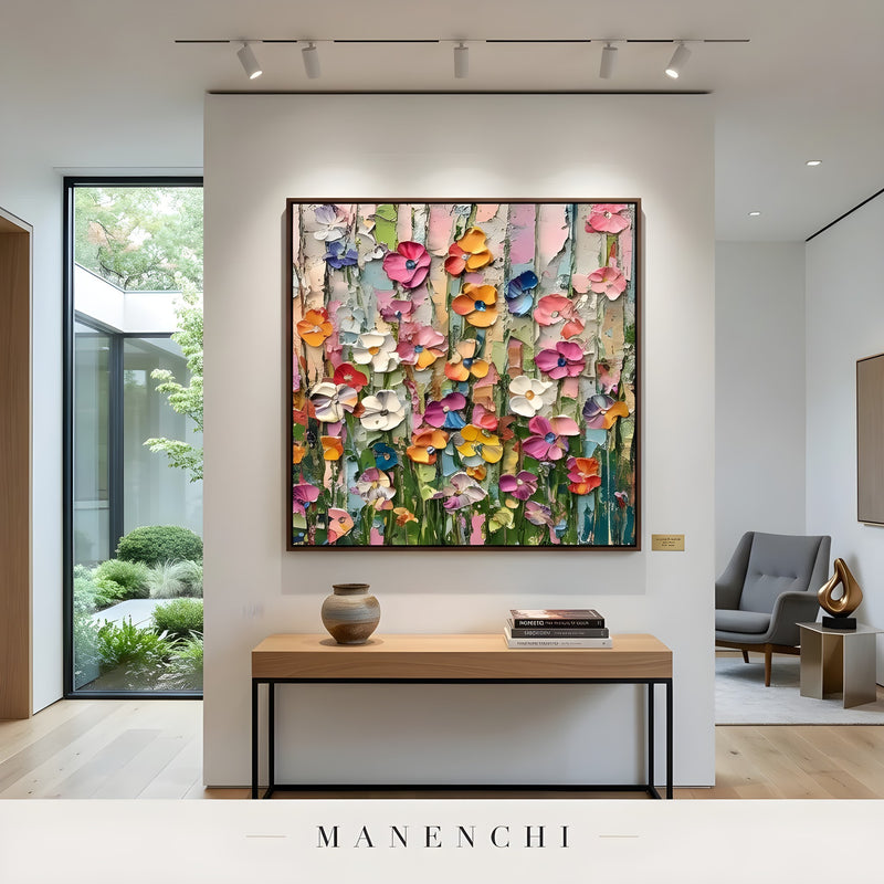Vivid Meadow Impasto abstract painting displayed in artwork in modern foyer