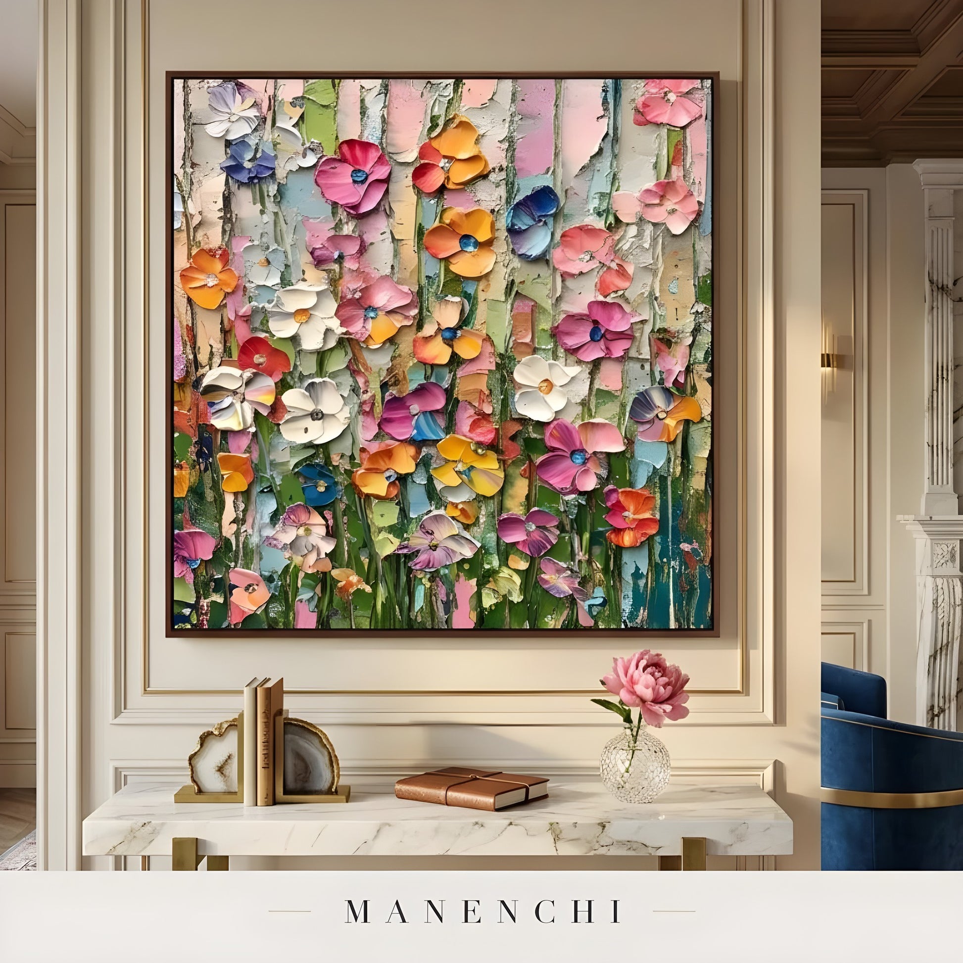 Vivid Meadow Impasto abstract painting displayed in painting on console table