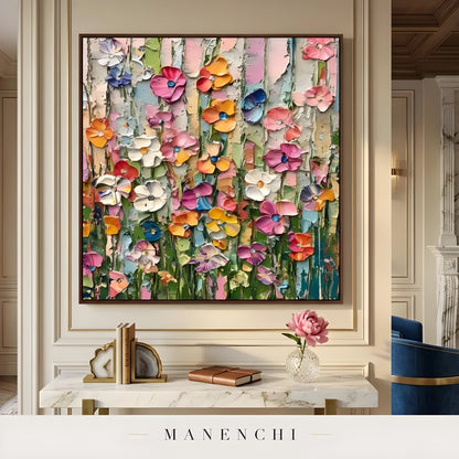Vivid Meadow Impasto abstract painting displayed in painting on console table