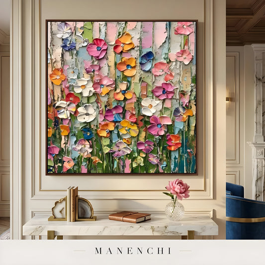 Vivid Meadow Impasto abstract painting displayed in painting on console table