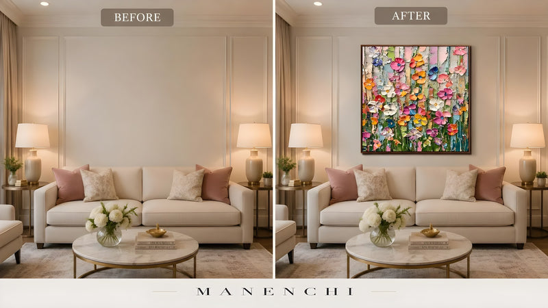 Vivid Meadow Impasto original hand-painted abstract painting, before and after in a styled room