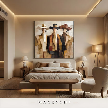 Western Trio Impression portrait displayed in bedroom with large painting
