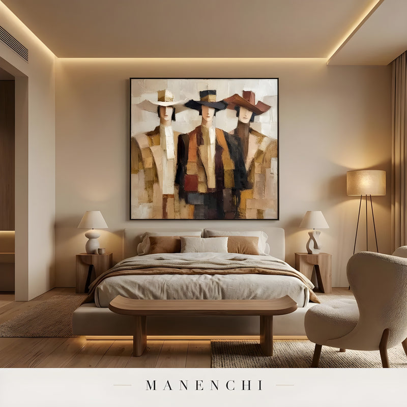 Western Trio Impression portrait displayed in bedroom with large painting