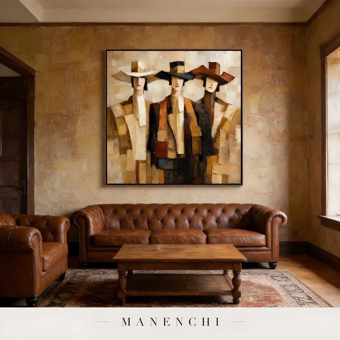 Western Trio Impression portrait displayed in rustic living room interior