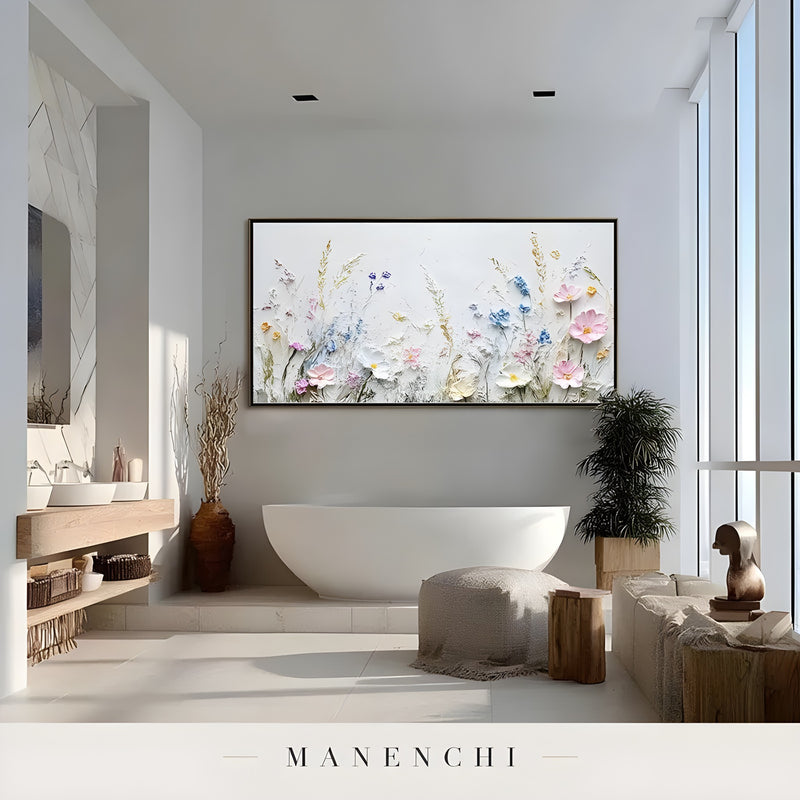 Wildflower Meadow Radiance abstract painting displayed in bathroom soaking tub