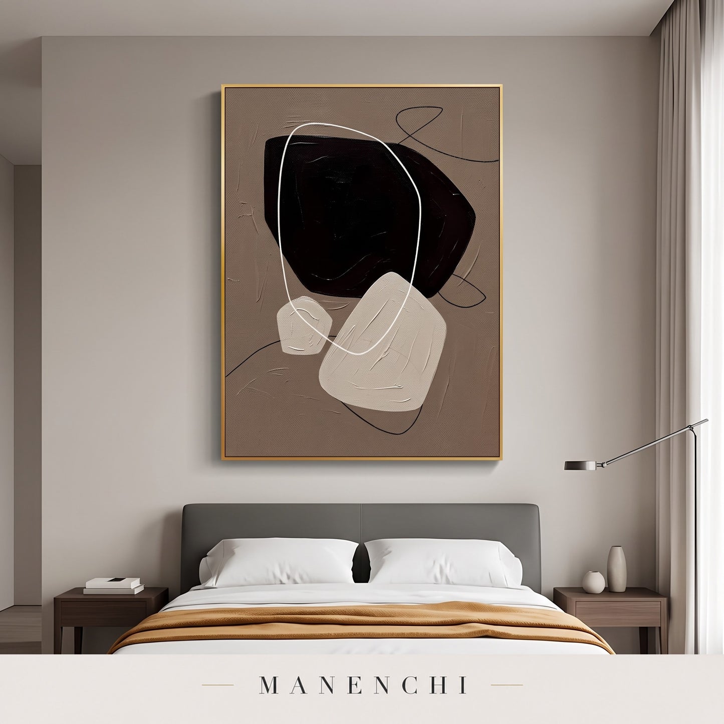 Zen Stones abstract painting displayed in a modern bedroom