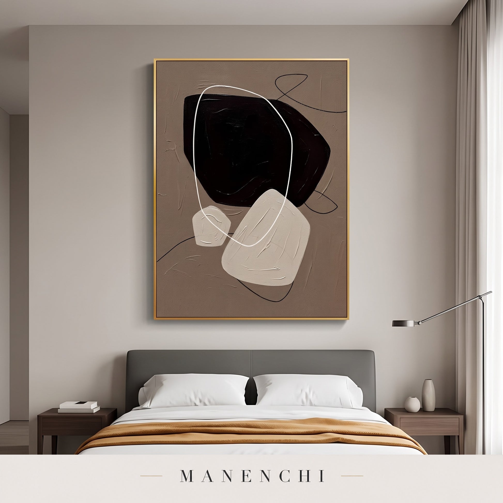 Zen Stones abstract painting displayed in a modern bedroom