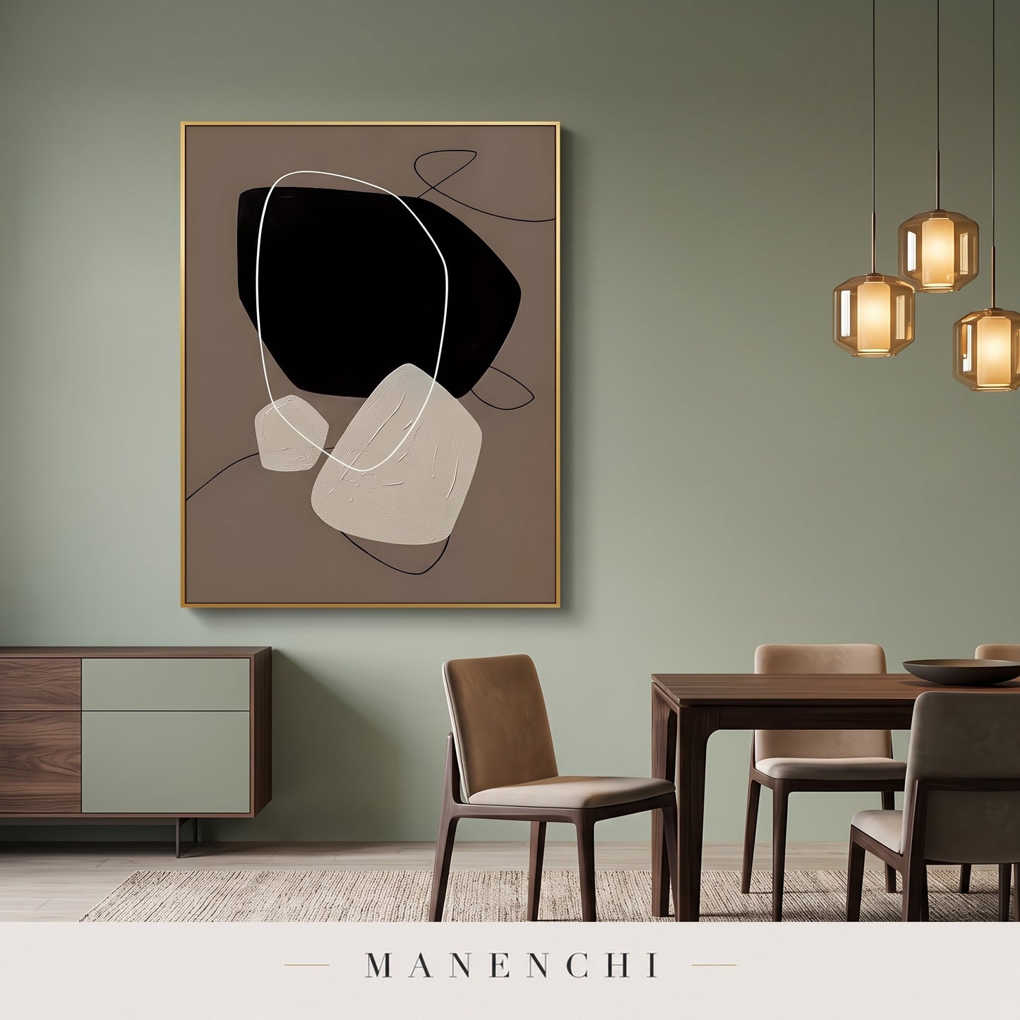 Zen Stones abstract painting displayed in a dining room