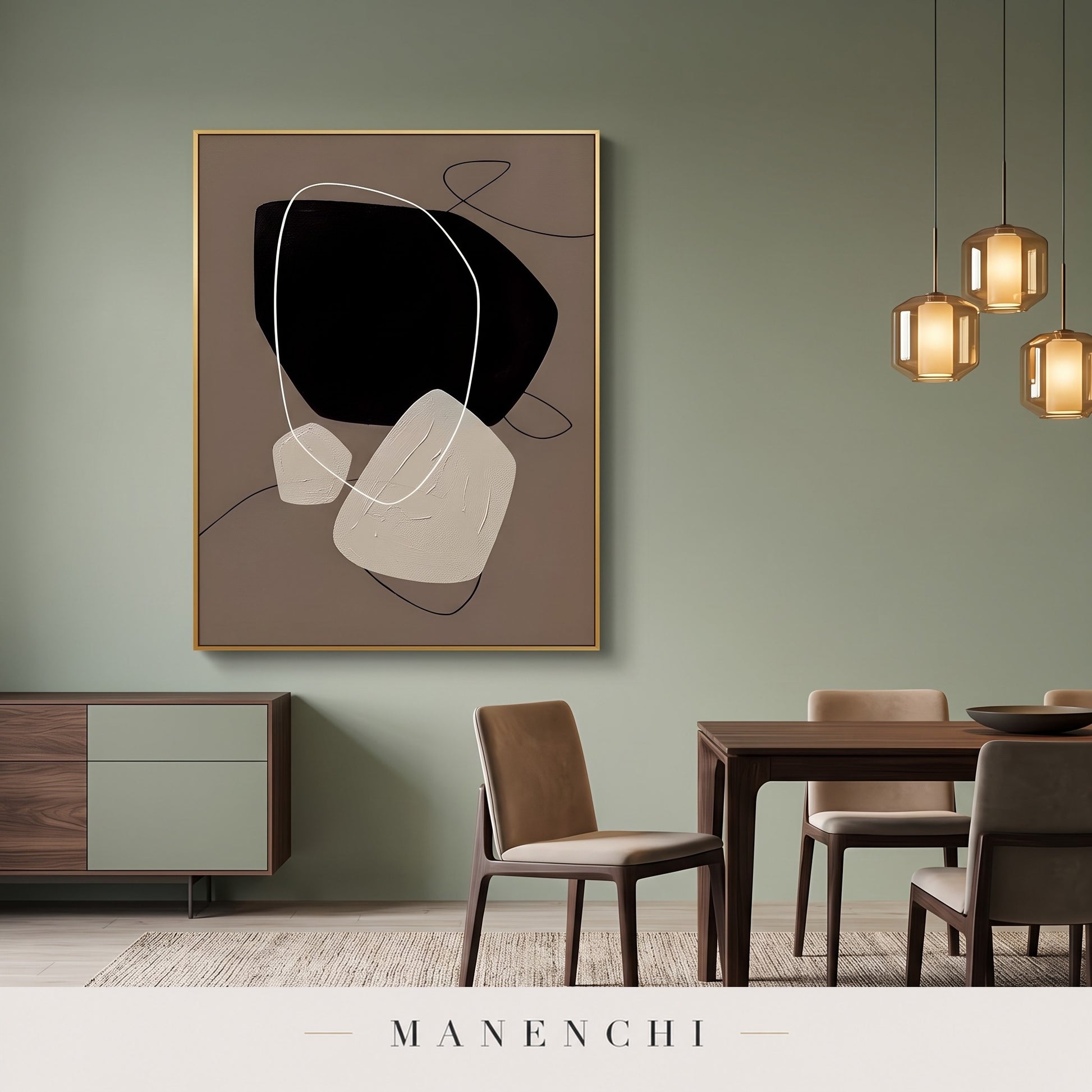 Zen Stones abstract painting displayed in a dining room