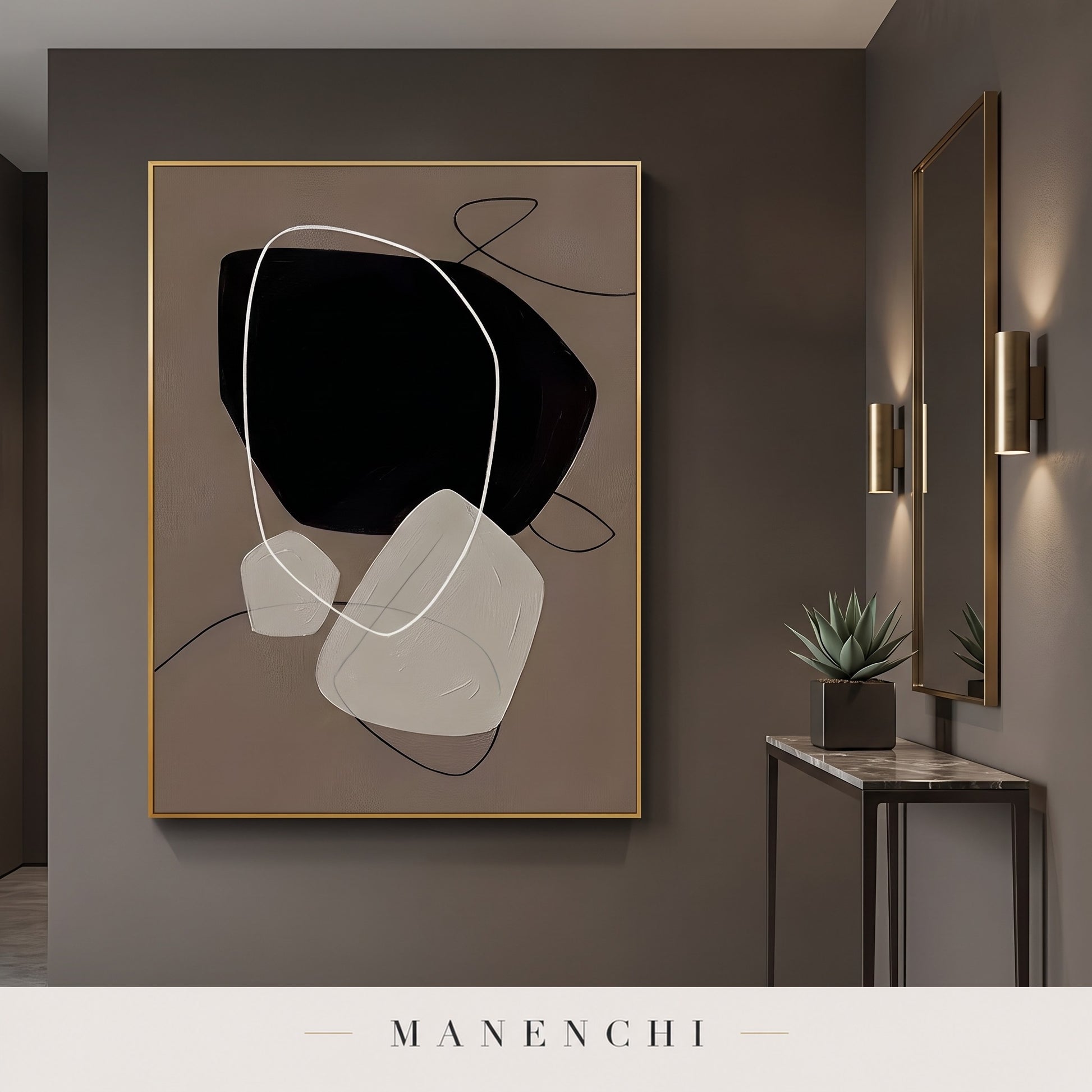 Zen Stones abstract painting displayed in an entryway