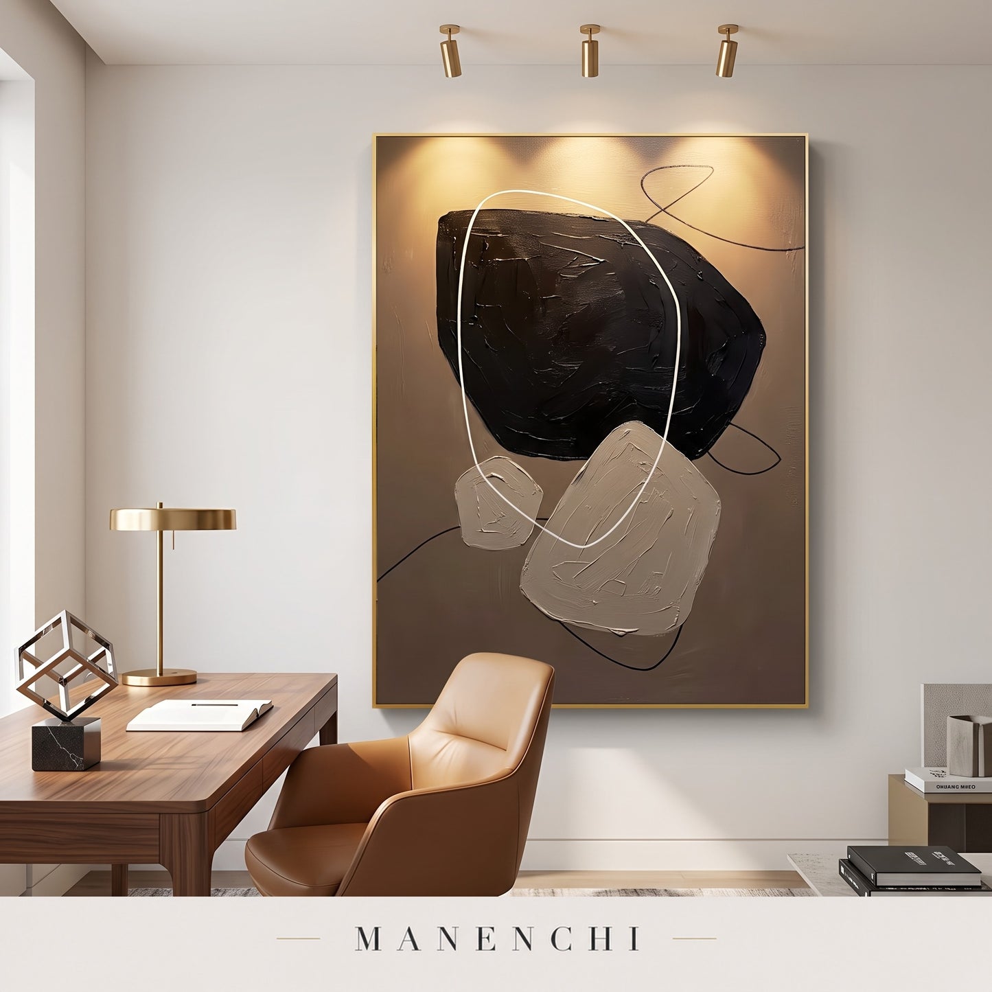 Zen Stones abstract painting displayed in a study